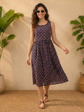 Janasya Navy Blue Gathered Cotton Dress | Grocsy