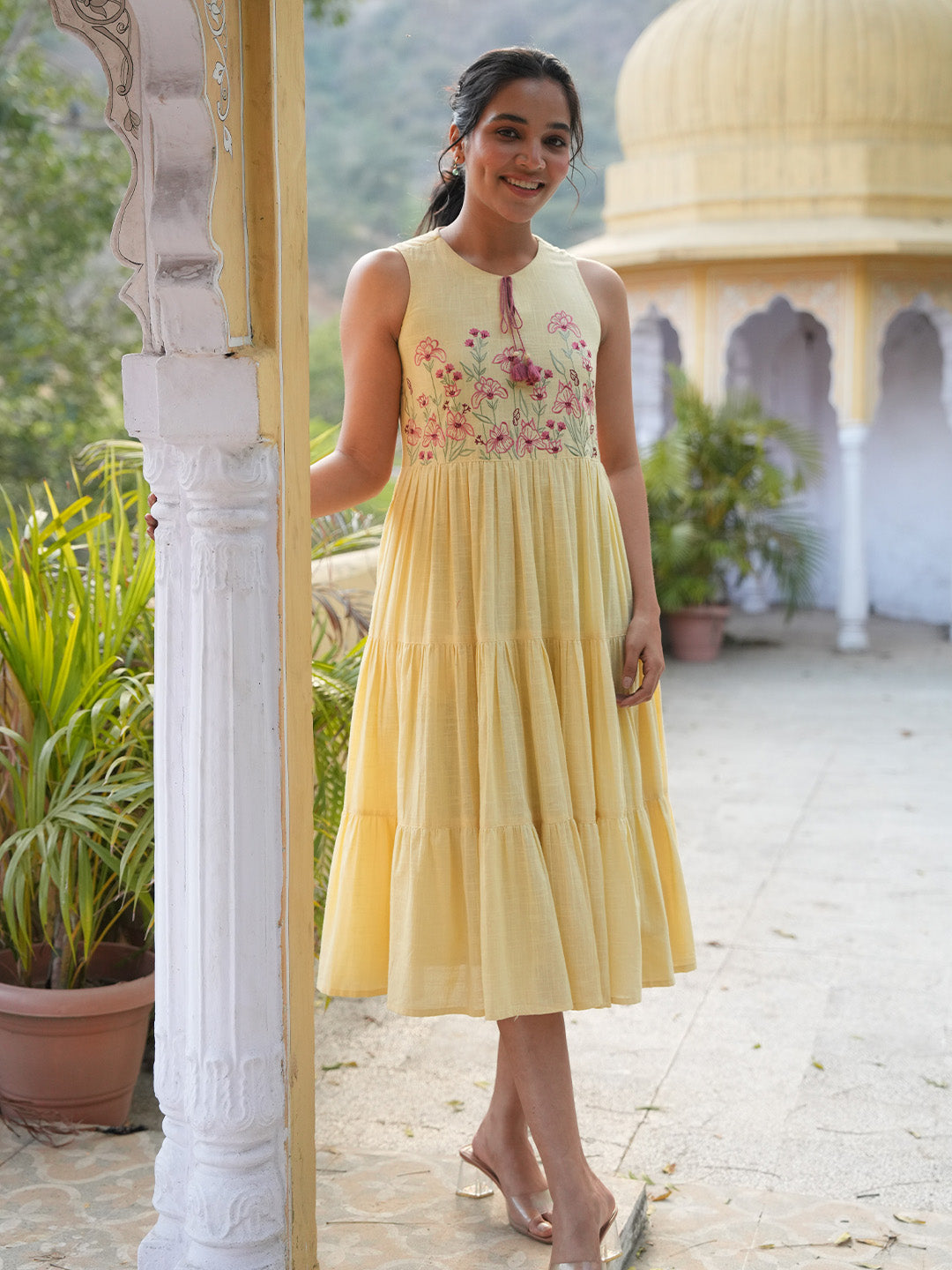 Janasya Yellow Tiered Cotton Dress | Grocsy