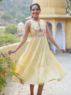 Janasya Yellow Tiered Cotton Dress | Grocsy