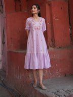 Janasya Lavender A-Line Cotton Linen Dress | Grocsy