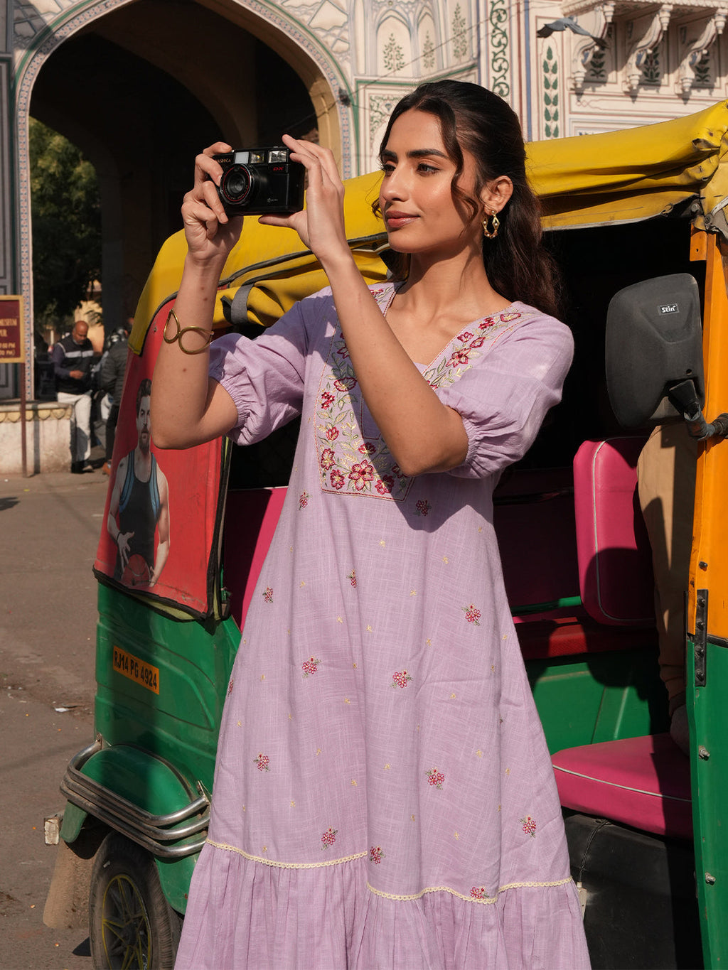Janasya Lavender A-Line Cotton Linen Dress | Grocsy