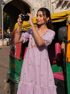 Janasya Lavender A-Line Cotton Linen Dress | Grocsy