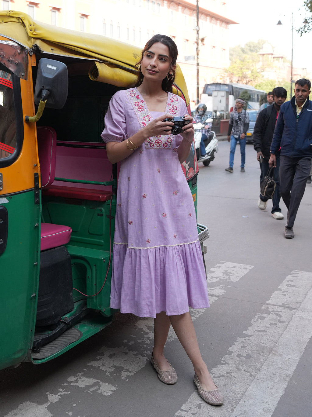 Janasya Lavender A-Line Cotton Linen Dress | Grocsy