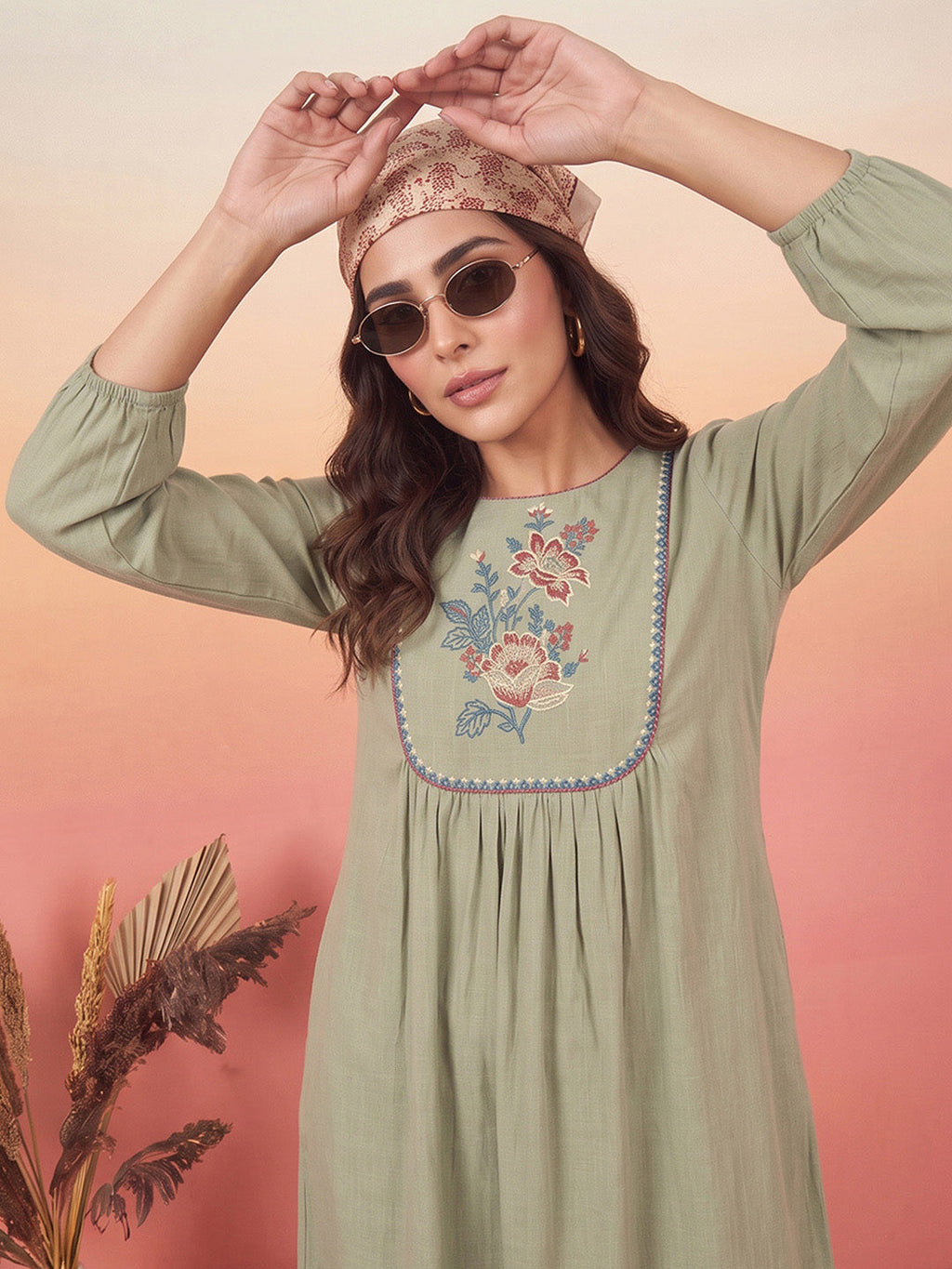 Janasya Sage Green A-Line Cotton Dress | Grocsy