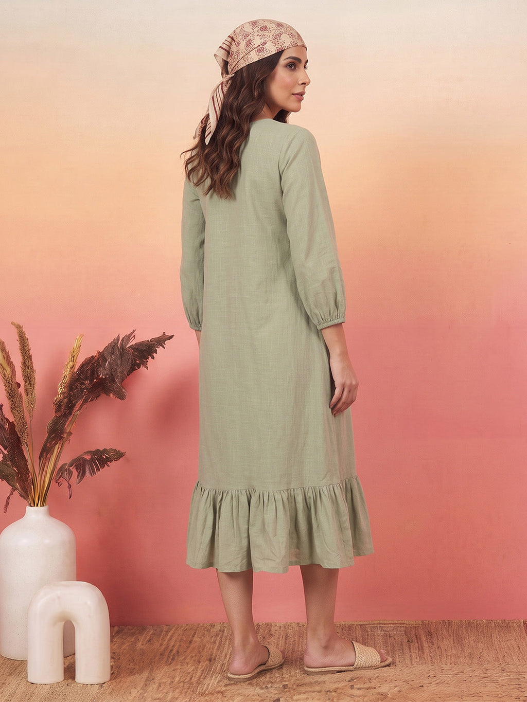 Janasya Sage Green A-Line Cotton Dress | Grocsy