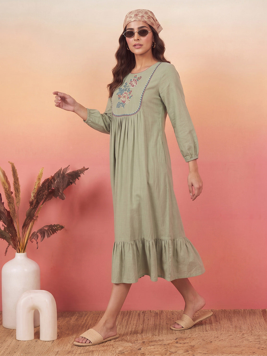 Janasya Sage Green A-Line Cotton Dress | Grocsy