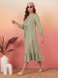 Janasya Sage Green A-Line Cotton Dress | Grocsy