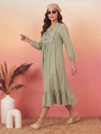 Janasya Sage Green A-Line Cotton Dress | Grocsy