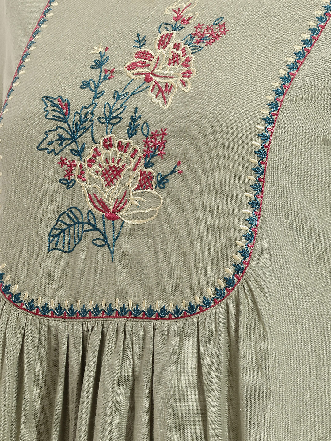 Janasya Sage Green A-Line Cotton Dress | Grocsy