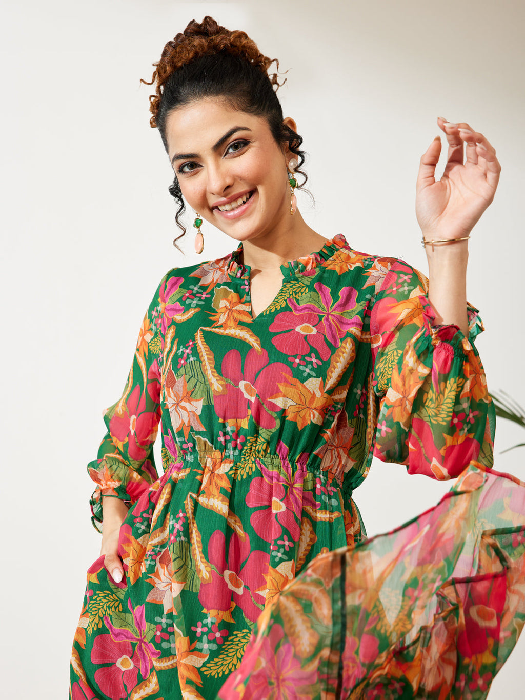 Janasya Green Fit & Flare Chiffon Dress | Grocsy