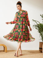 Janasya Green Fit & Flare Chiffon Dress | Grocsy