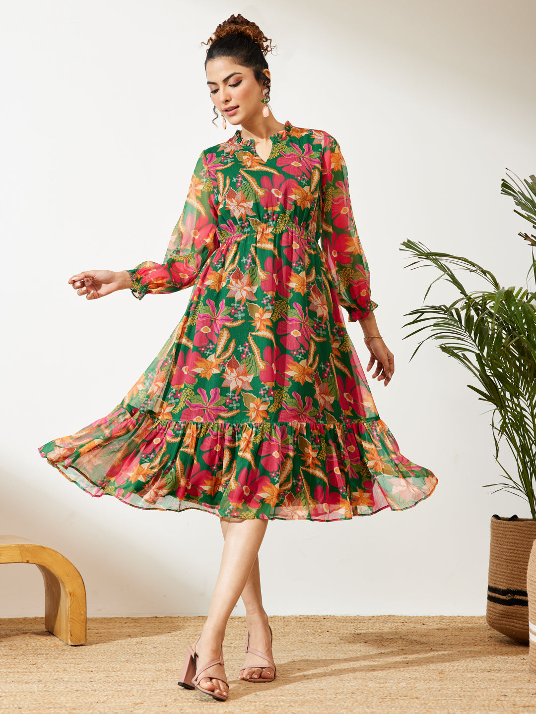 Janasya Green Fit & Flare Chiffon Dress | Grocsy