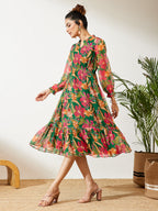 Janasya Green Fit & Flare Chiffon Dress | Grocsy