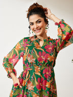 Janasya Green Fit & Flare Chiffon Dress | Grocsy