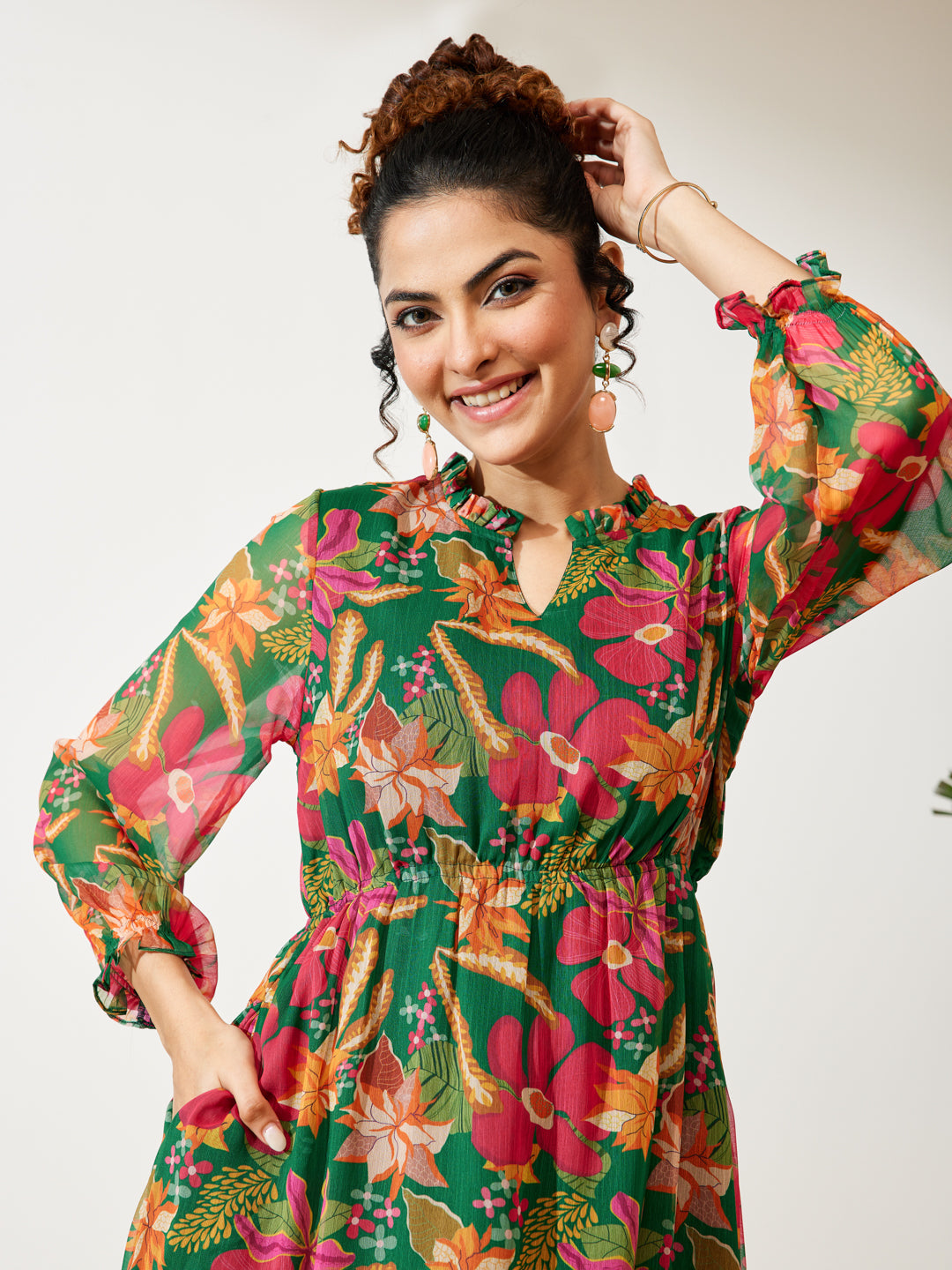 Janasya Green Fit & Flare Chiffon Dress | Grocsy