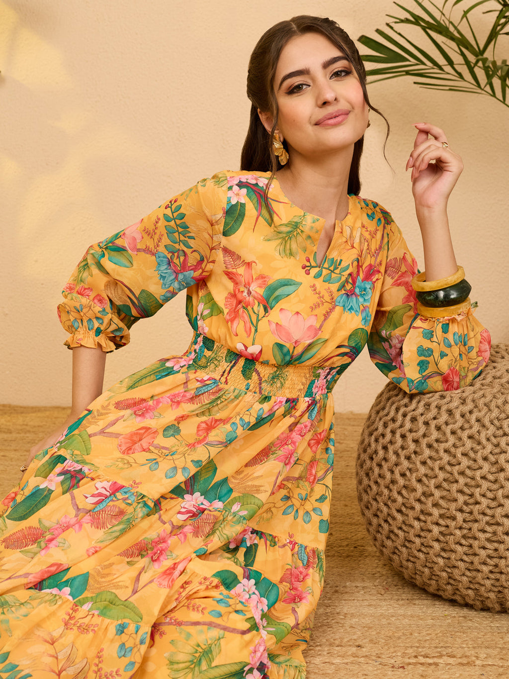 Janasya Yellow Tiered Georgette Dress | Grocsy