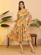 Janasya Yellow Tiered Georgette Dress | Grocsy
