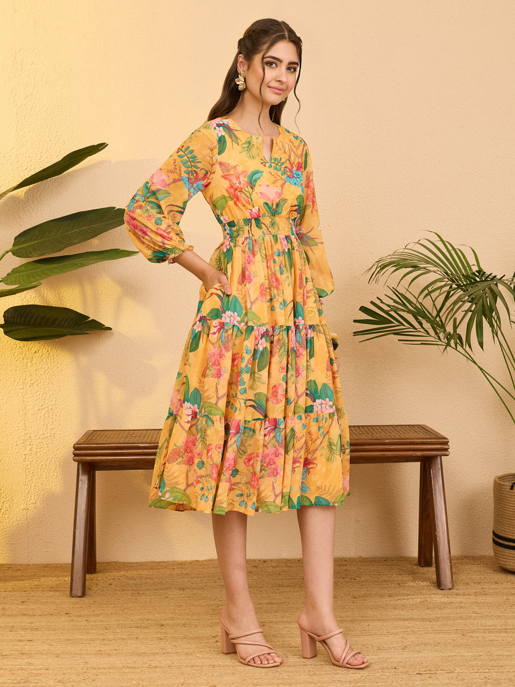 Janasya Yellow Tiered Georgette Dress | Grocsy