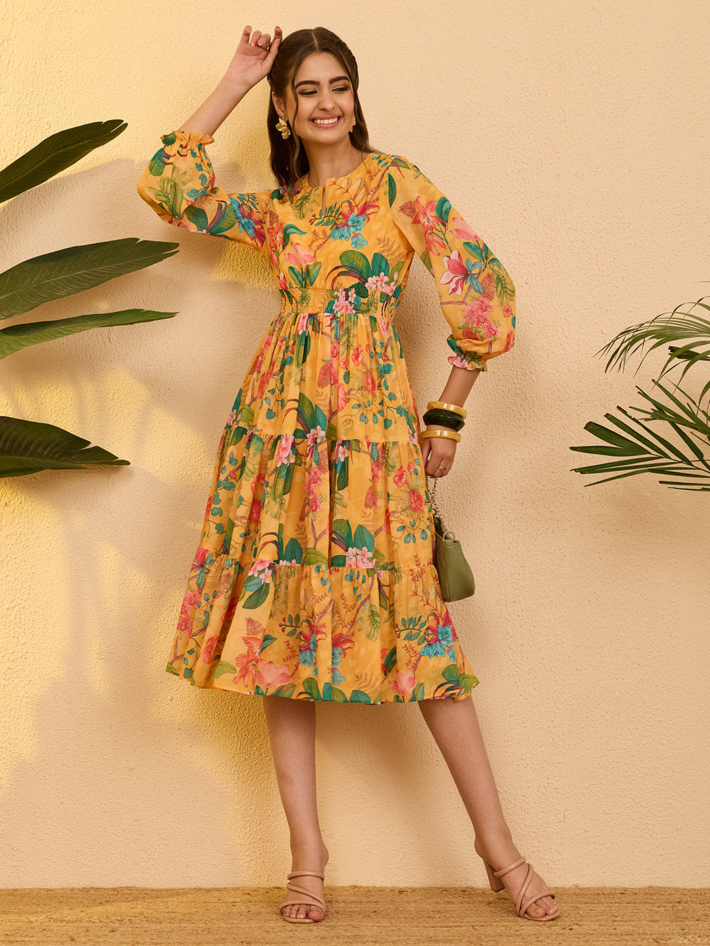 Janasya Yellow Tiered Georgette Dress | Grocsy