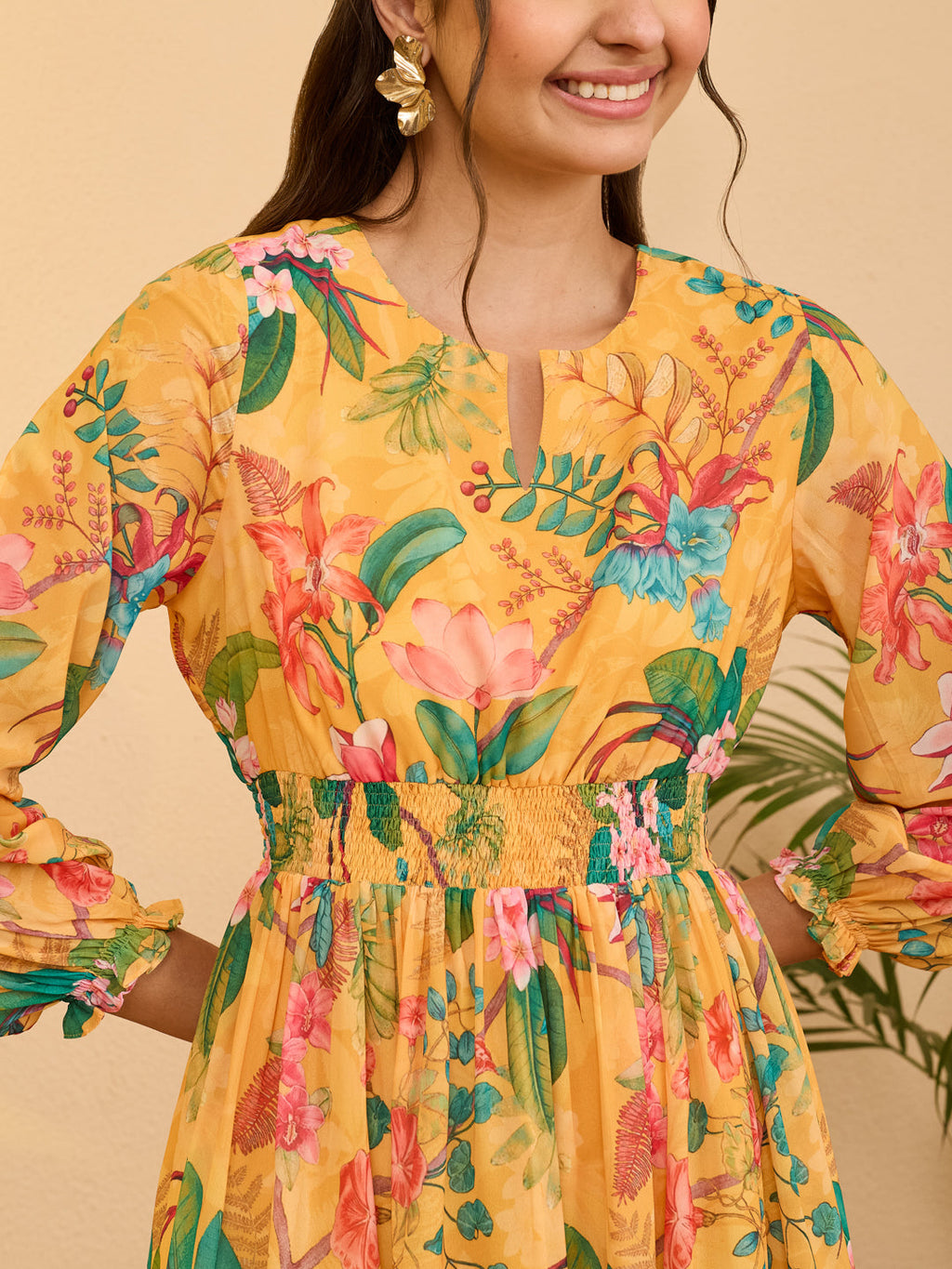 Janasya Yellow Tiered Georgette Dress | Grocsy