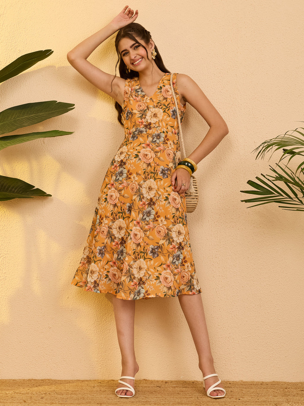 Janasya Yellow Fit & Flare Georgette Dress | Grocsy