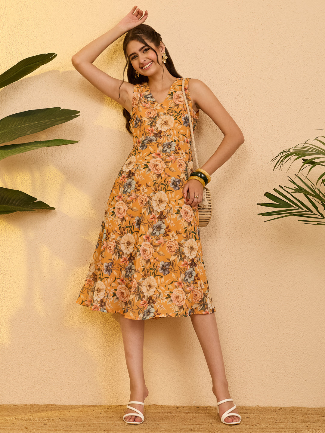 Janasya Yellow Fit & Flare Georgette Dress | Grocsy