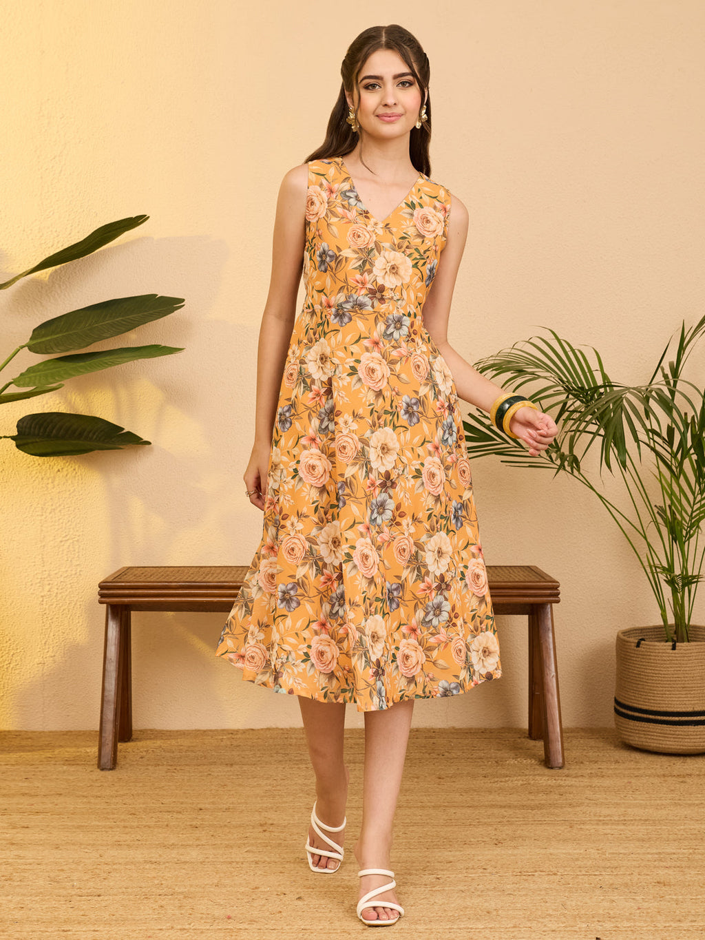Janasya Yellow Fit & Flare Georgette Dress | Grocsy