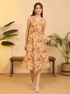Janasya Yellow Fit & Flare Georgette Dress | Grocsy