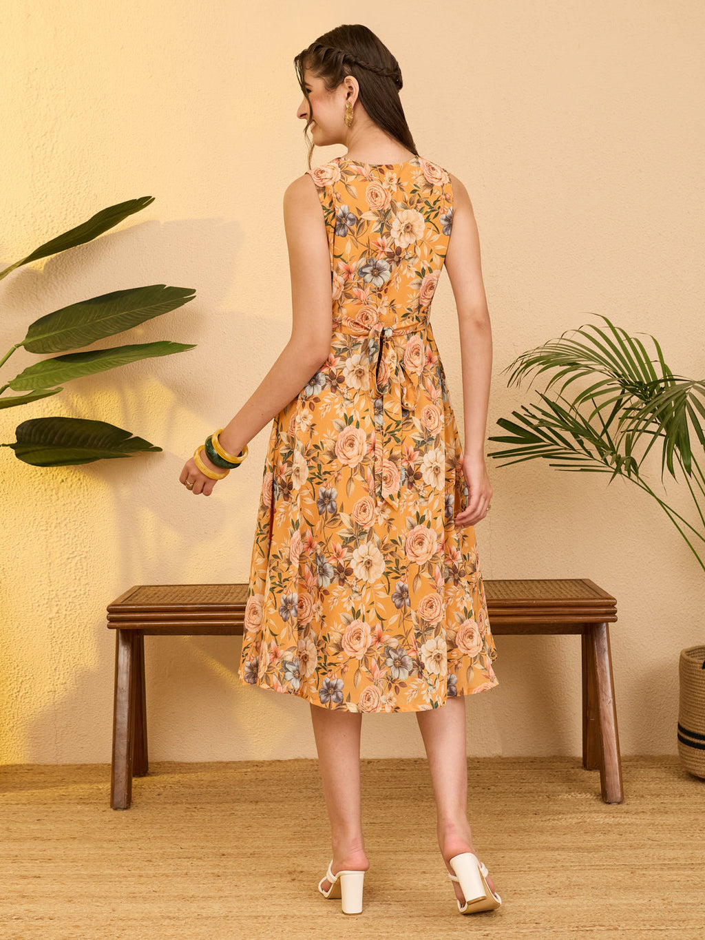Janasya Yellow Fit & Flare Georgette Dress | Grocsy