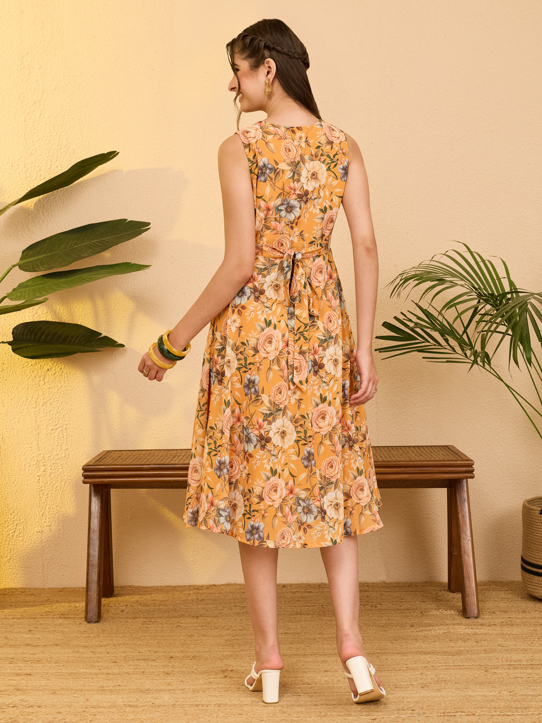 Janasya Yellow Fit & Flare Georgette Dress | Grocsy
