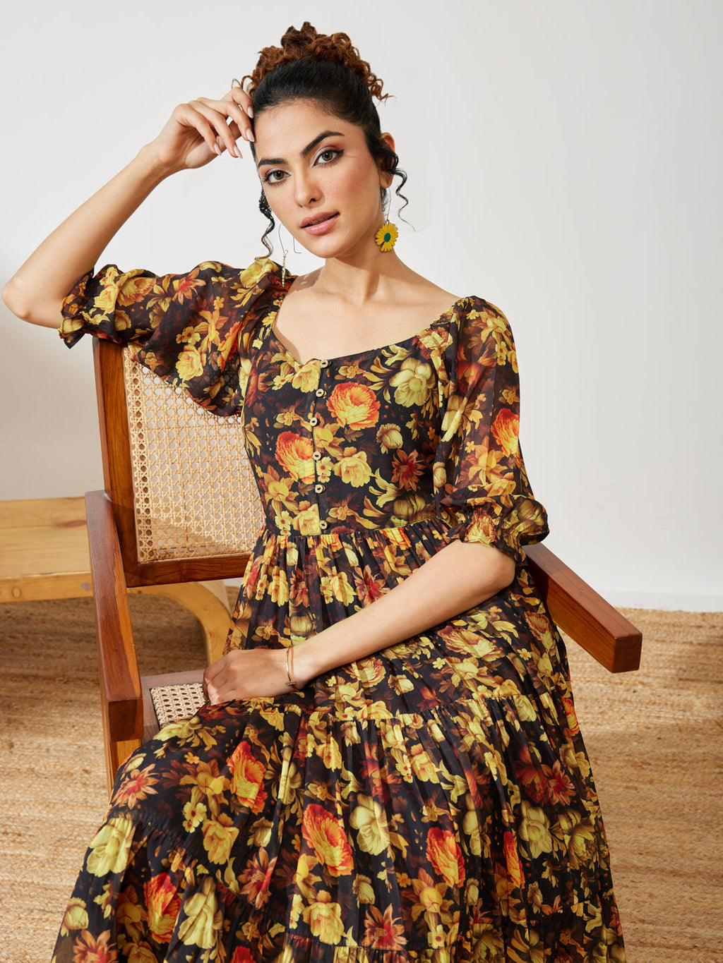 Janasya Black Tiered Georgette Dress | Grocsy