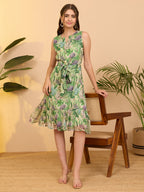 Janasya Mint Fit & Flare Chiffon Dress | Grocsy