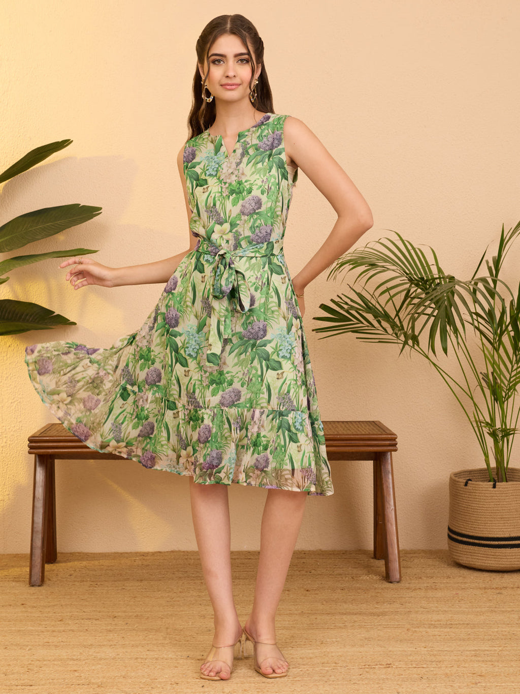 Janasya Mint Fit & Flare Chiffon Dress | Grocsy