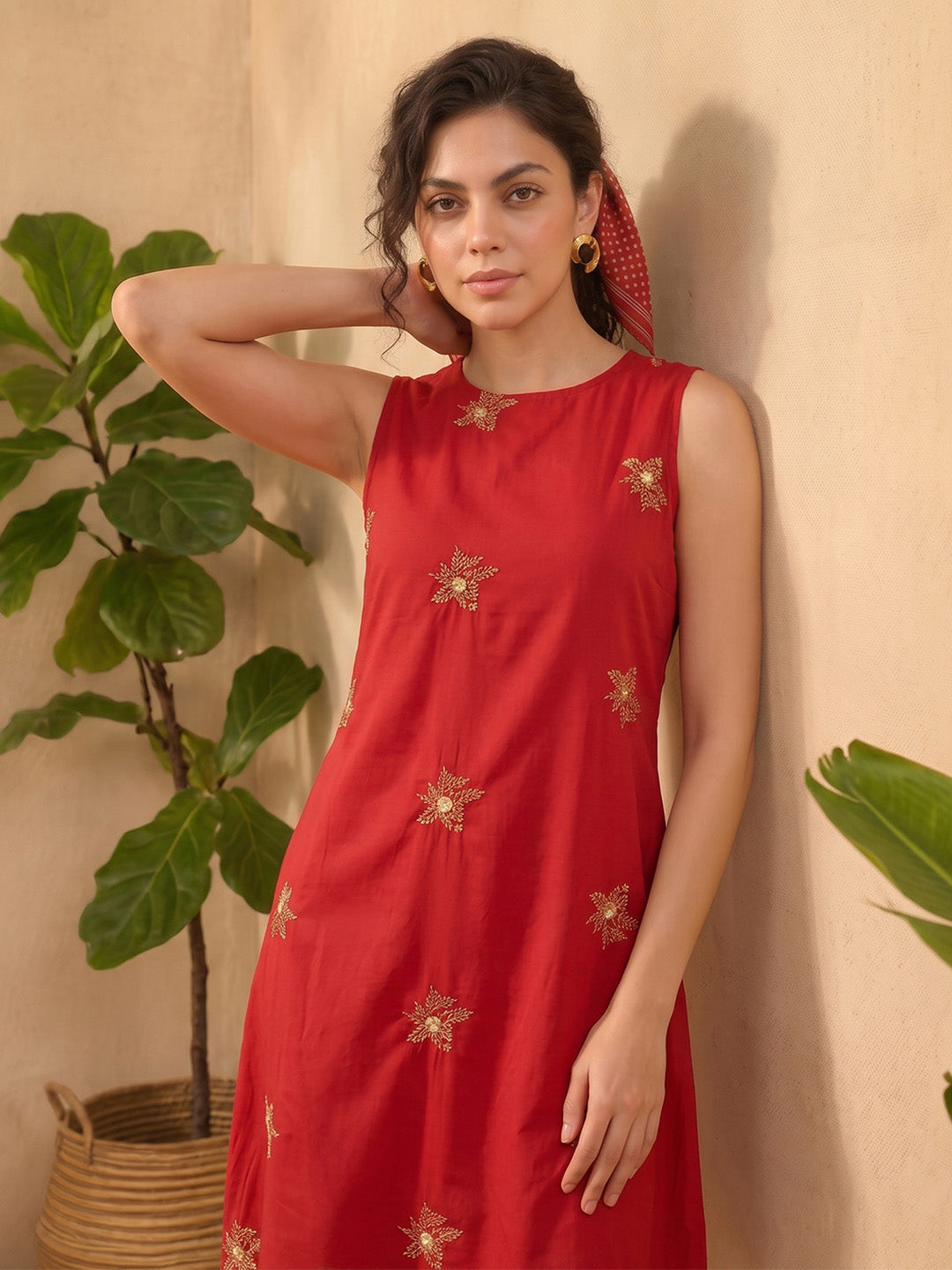 Janasya Red A-Line Cotton Dress | Grocsy