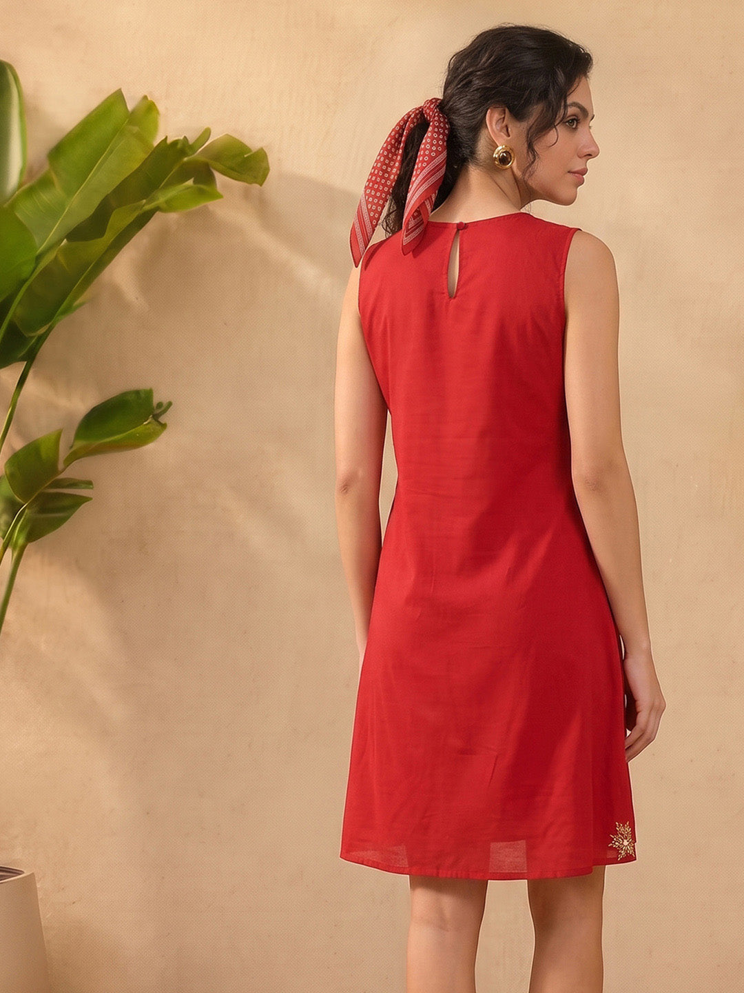 Janasya Red A-Line Cotton Dress | Grocsy