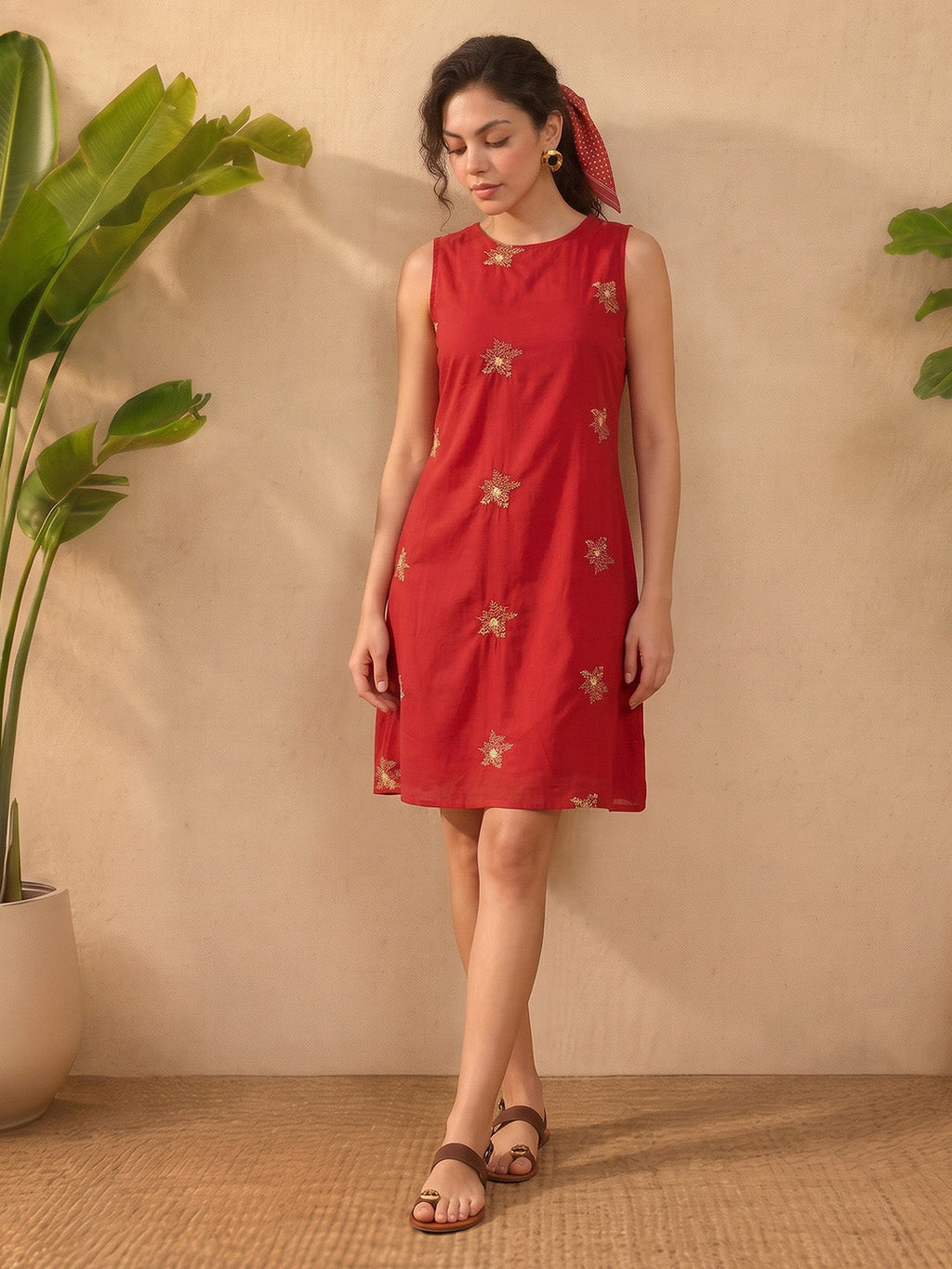Janasya Red A-Line Cotton Dress | Grocsy