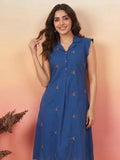 Janasya Royal Blue A-Line Cotton Dress | Grocsy