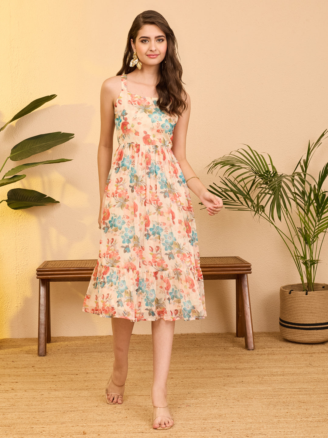 Janasya Beige Gathered Chiffon Dress | Grocsy
