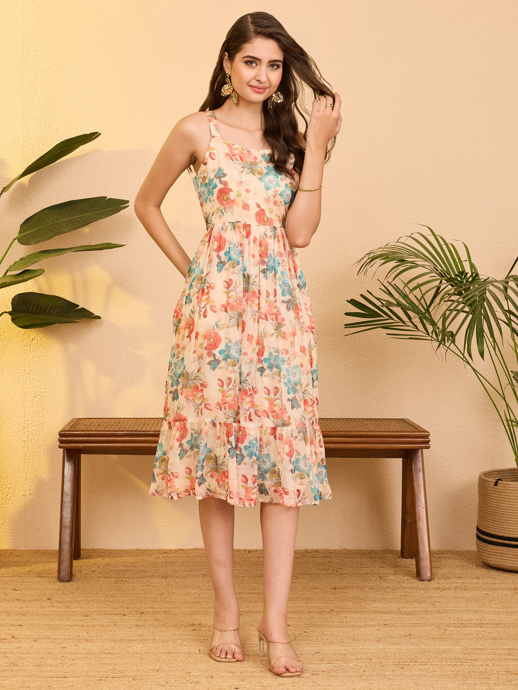 Janasya Beige Gathered Chiffon Dress | Grocsy
