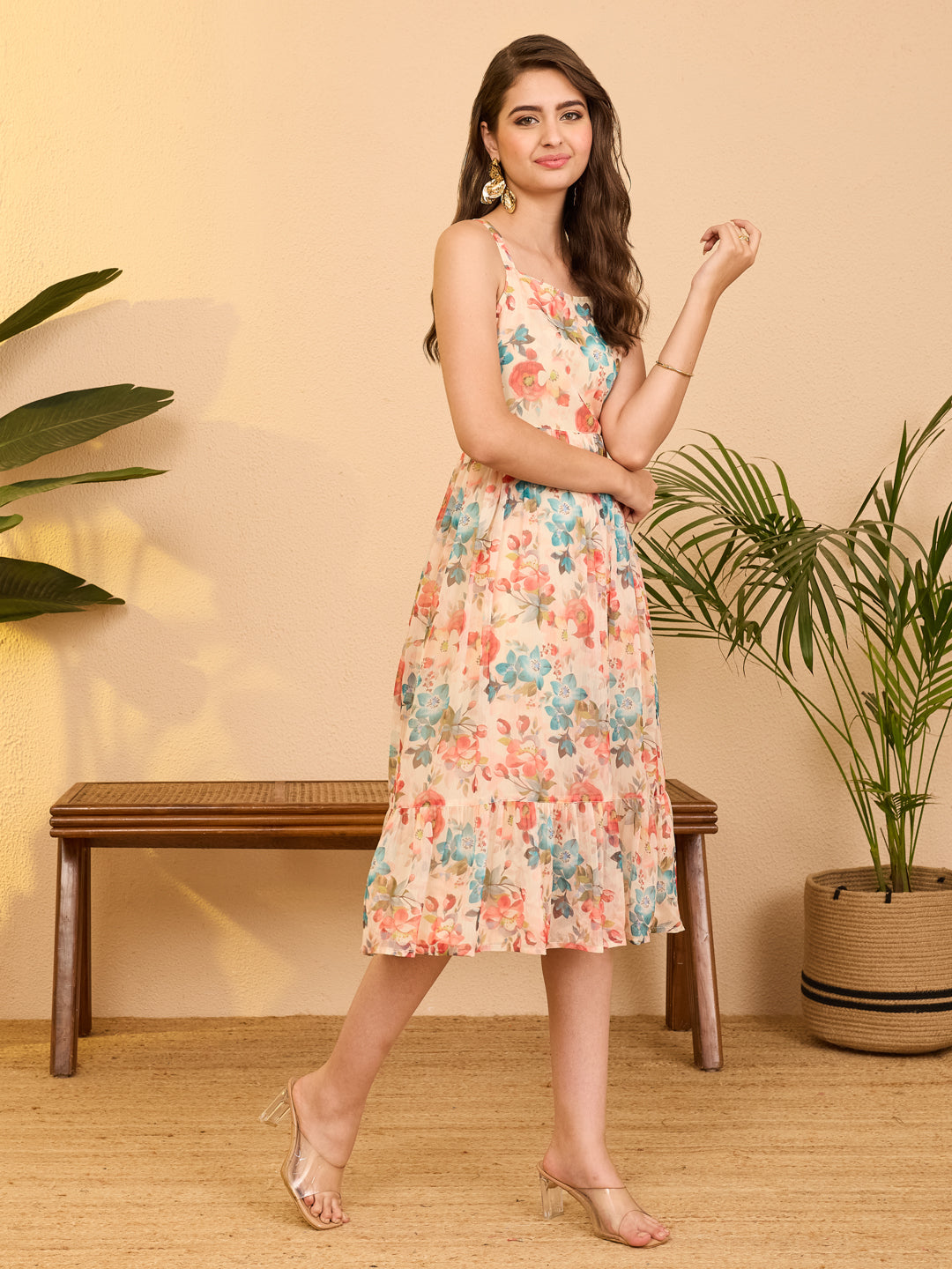 Janasya Beige Gathered Chiffon Dress | Grocsy
