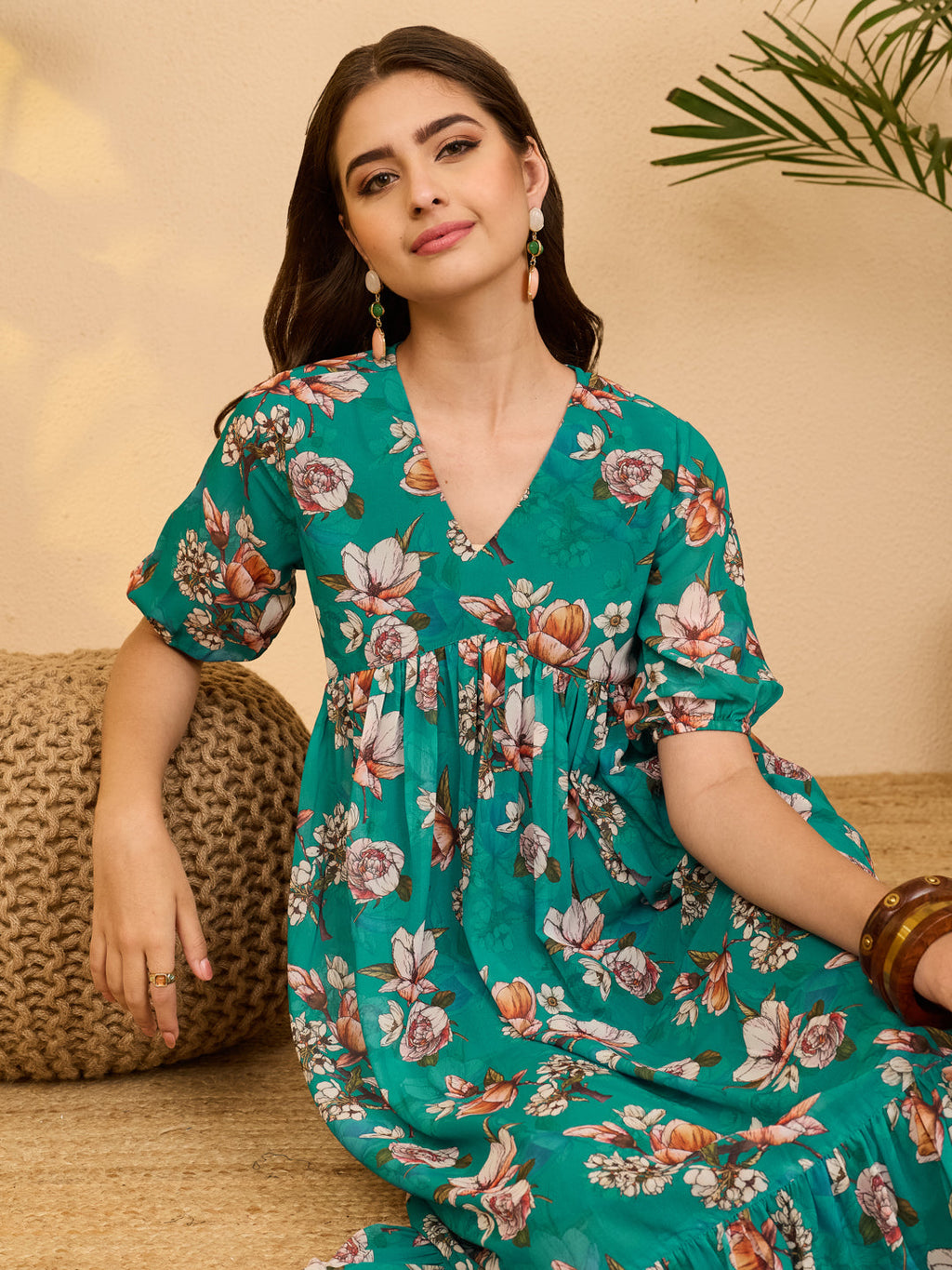 Janasya Sea Green Gathered Georgette Dress | Grocsy