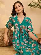 Janasya Sea Green Gathered Georgette Dress | Grocsy