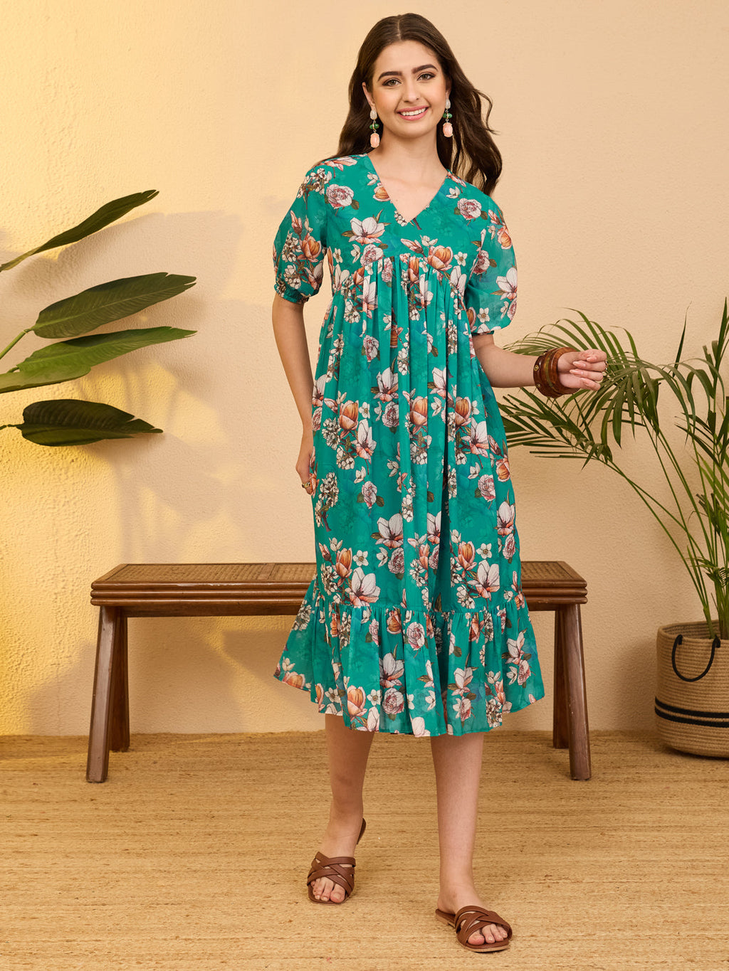 Janasya Sea Green Gathered Georgette Dress | Grocsy