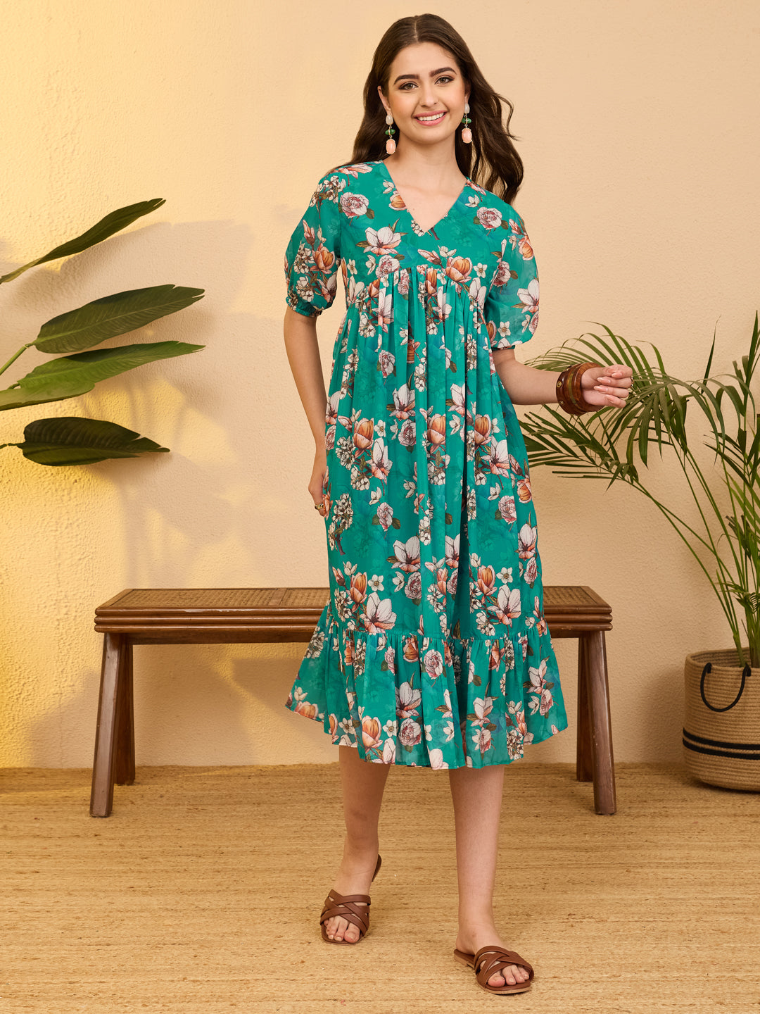 Janasya Sea Green Gathered Georgette Dress | Grocsy