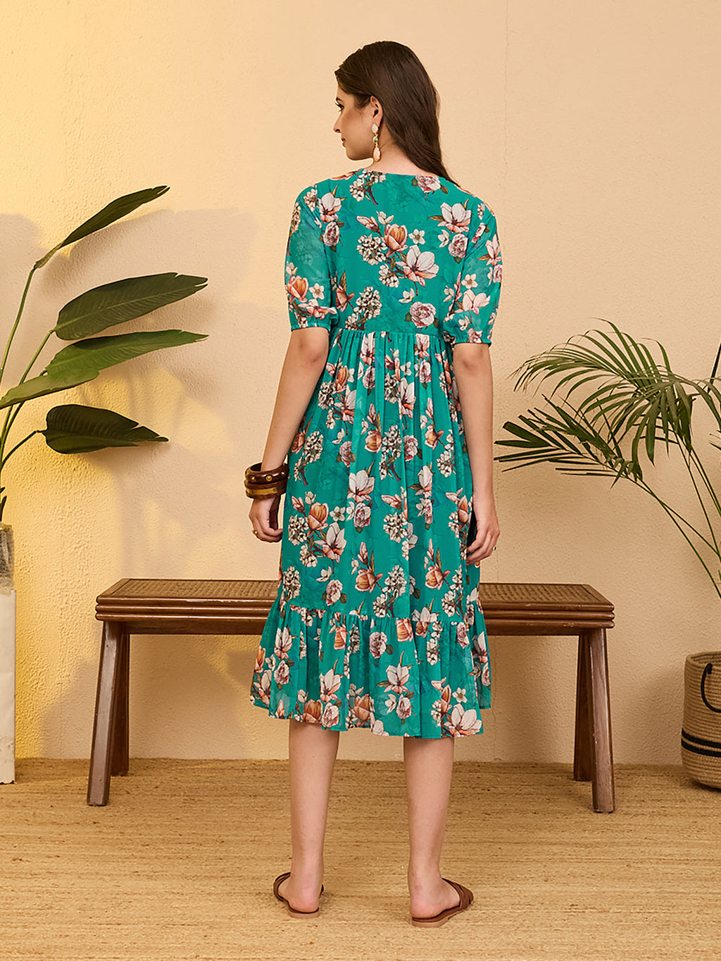 Janasya Sea Green Gathered Georgette Dress | Grocsy