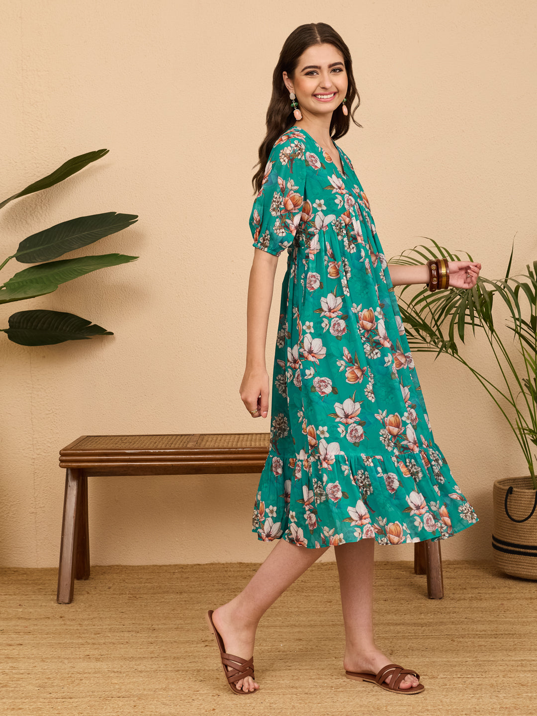 Janasya Sea Green Gathered Georgette Dress | Grocsy