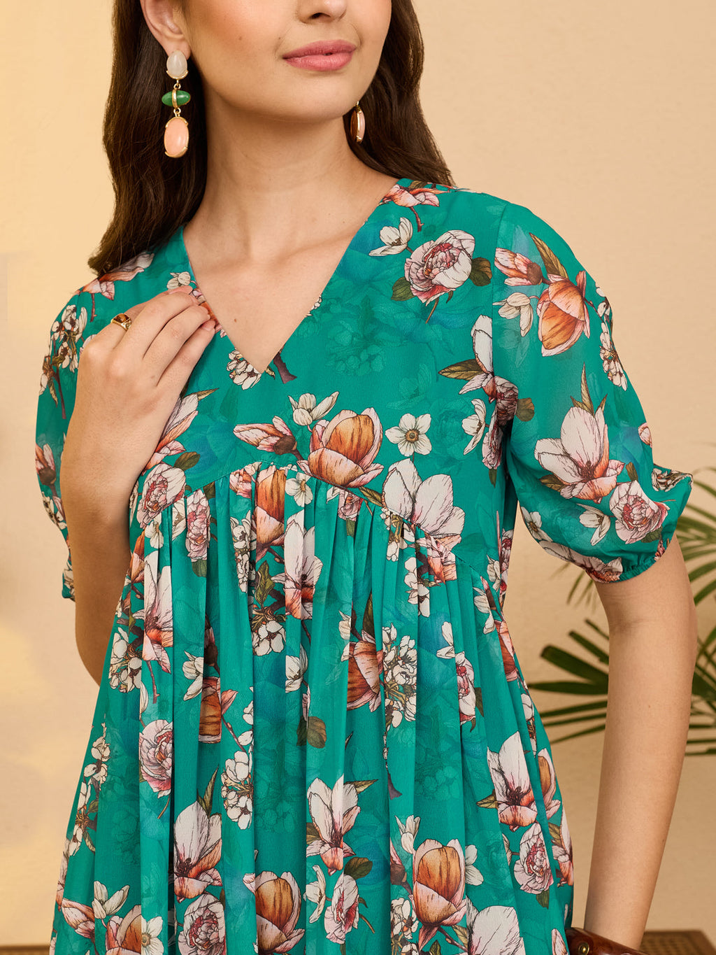 Janasya Sea Green Gathered Georgette Dress | Grocsy