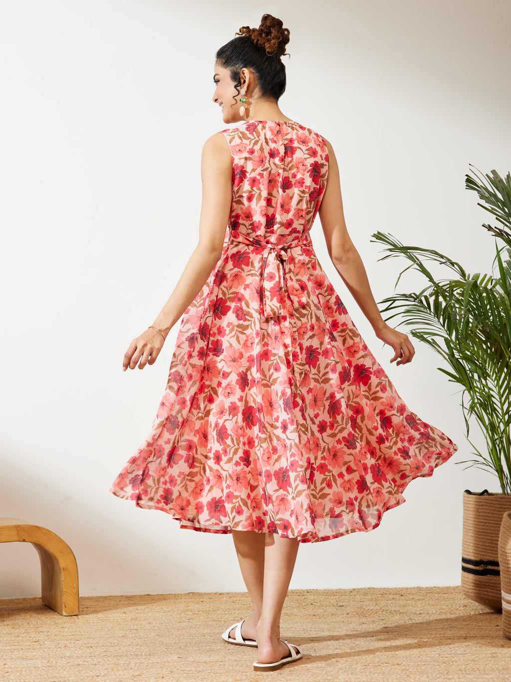 Janasya Peach Flared Georgette Dress | Grocsy