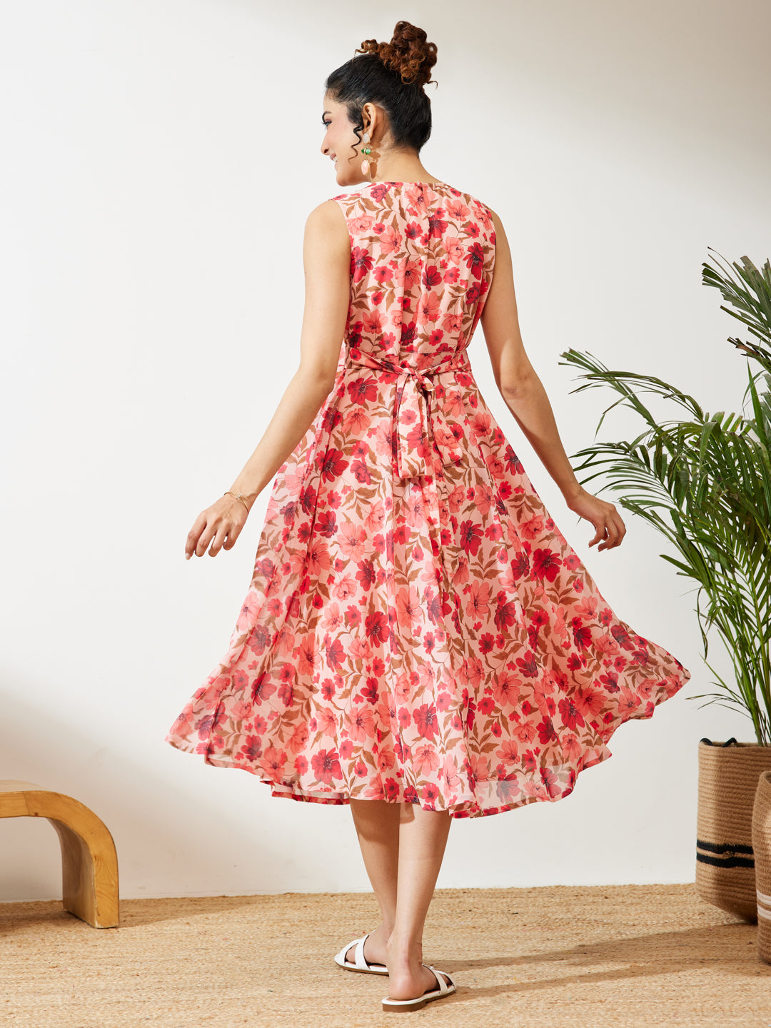 Janasya Peach Flared Georgette Dress | Grocsy