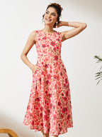 Janasya Peach Flared Georgette Dress | Grocsy